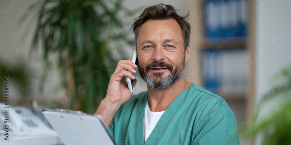 Fototapeta premium Male medical professional speaking on phone in clinic