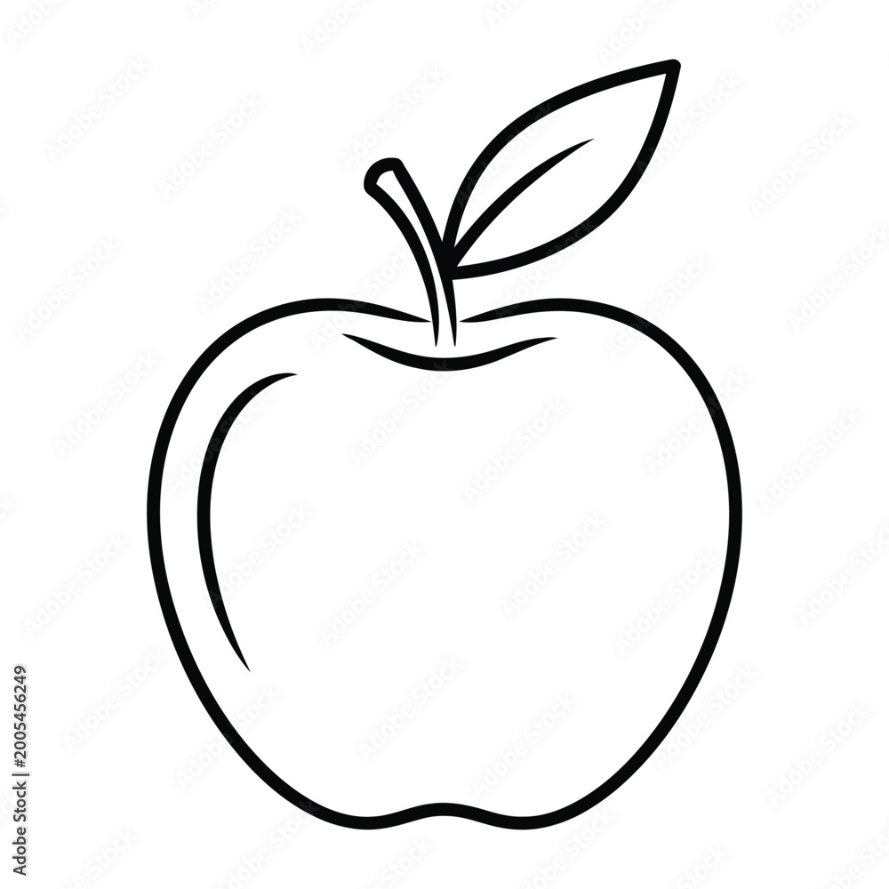 Fototapeta premium Apple fruit icon simple line drawing with leaf isolated on white