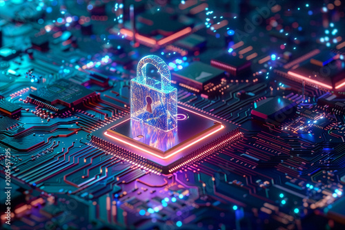Futuristic Cyber Security Padlock Icon on Microchip, glowing glass lock with neon data streams over circuit board, data protection encryption technology 3D render background