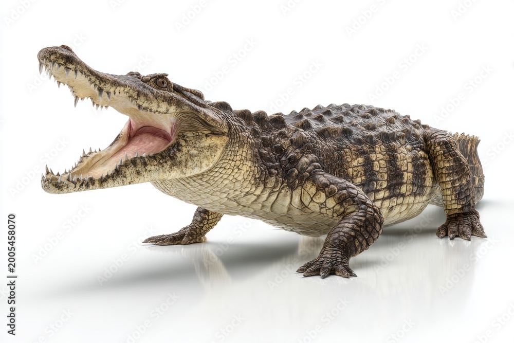 Fototapeta premium Crocodile with open mouth showing sharp teeth on white background