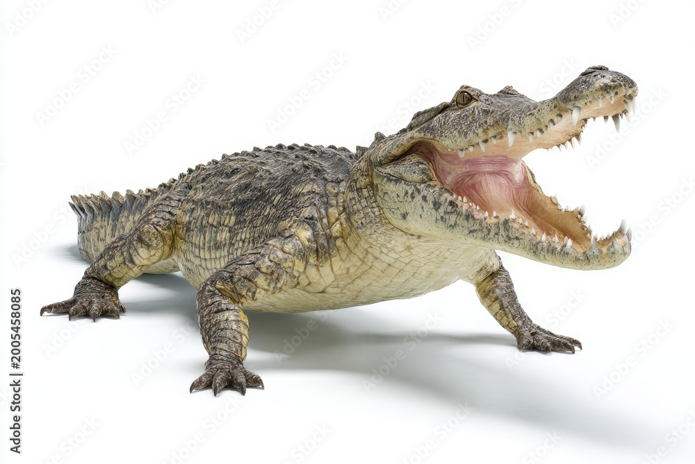 Fototapeta premium Crocodile with open mouth showing sharp teeth on white background
