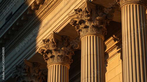neo. Grand neoclassical columns with sculpted quadriga, bathed in warm golden hour light. real-estate listings.