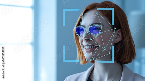 Modern facial recognition technology scanning a smiling redhead woman with glasses in a futuristic digital environment.