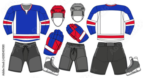 Photography Ice Hockey Sport Uniform Set: Jersey, Pants, Gloves, Helmet, Skates