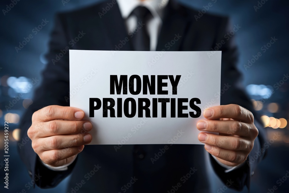 Obraz premium Man in a Suit Presenting Money Priorities