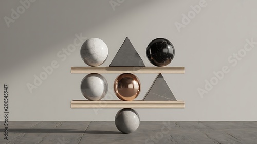 Modern minimalist composition featuring geometric shapes in marble bronze and stone with subtle lighting and shadow play
