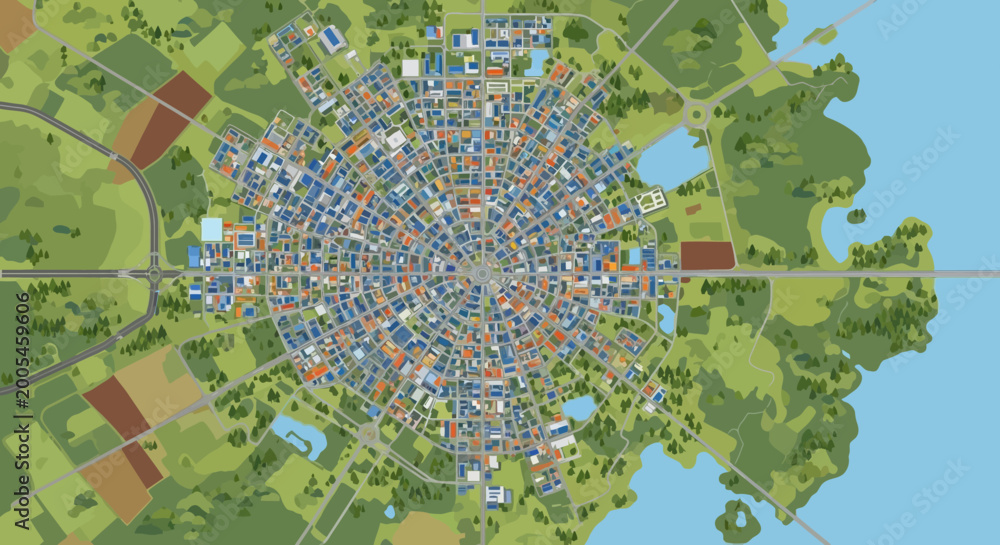 Fototapeta premium Aerial View of a Circular Cityscape with Surrounding Greenery and Water