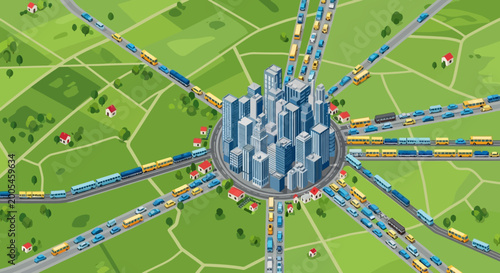 Fotografie City Traffic Congestion: Busy Urban Roads with Cars, Buses, and Trains