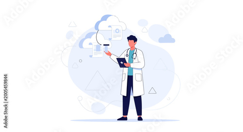 Doctor using tablet for cloud data analysis in modern healthcare technology concept