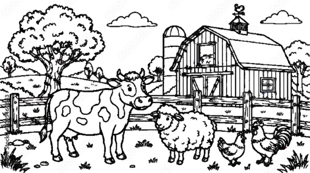 Obraz premium farm animals group with cow sheep chicken, barn and fence detailed, coloring page outline drawing