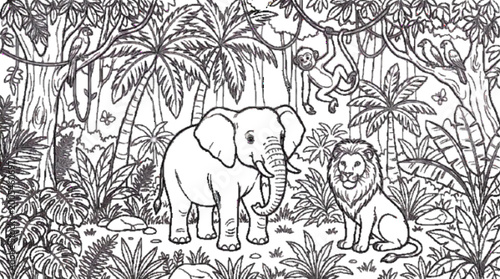Canvas Print jungle animals group scene with lion elephant and monkey, trees and plants detai