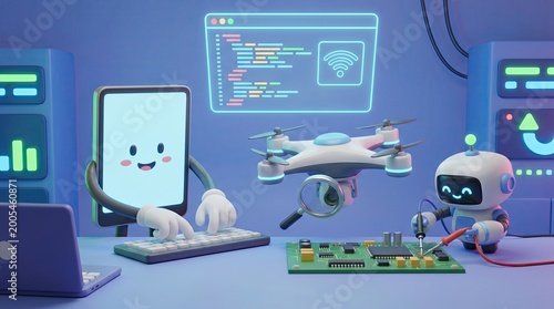 Friendly Robots Working with Technology in 3D Scene
