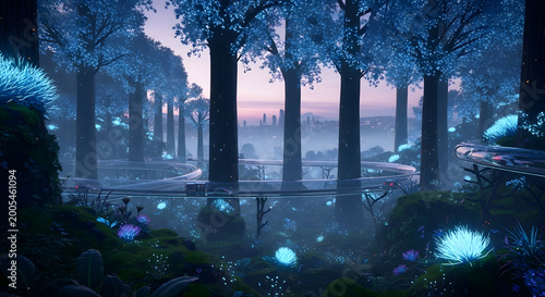 Glowing blue forest with trees and fireflies