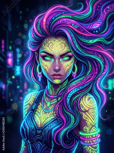 Cyberpunk woman with neon glowing tattoos, futuristic fantasy goddess with vibrant purple hair, bioluminescent tribal patterns on skin