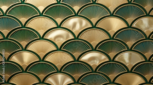 Art Deco fan pattern background, luxury gold and emerald green geometric scales, elegant vintage wallpaper texture for high-end branding