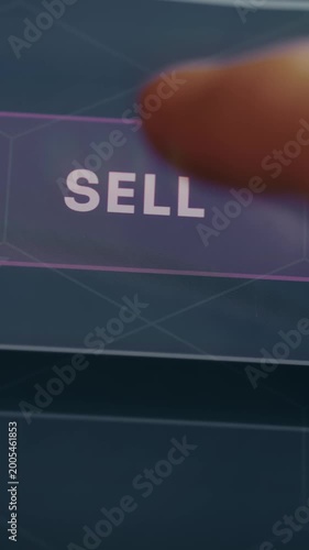 Finger taps the SELL button, initiating the selling action