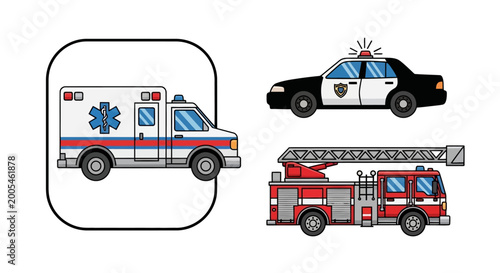 Set of cartoon emergency vehicles including ambulance, police car, and fire truck