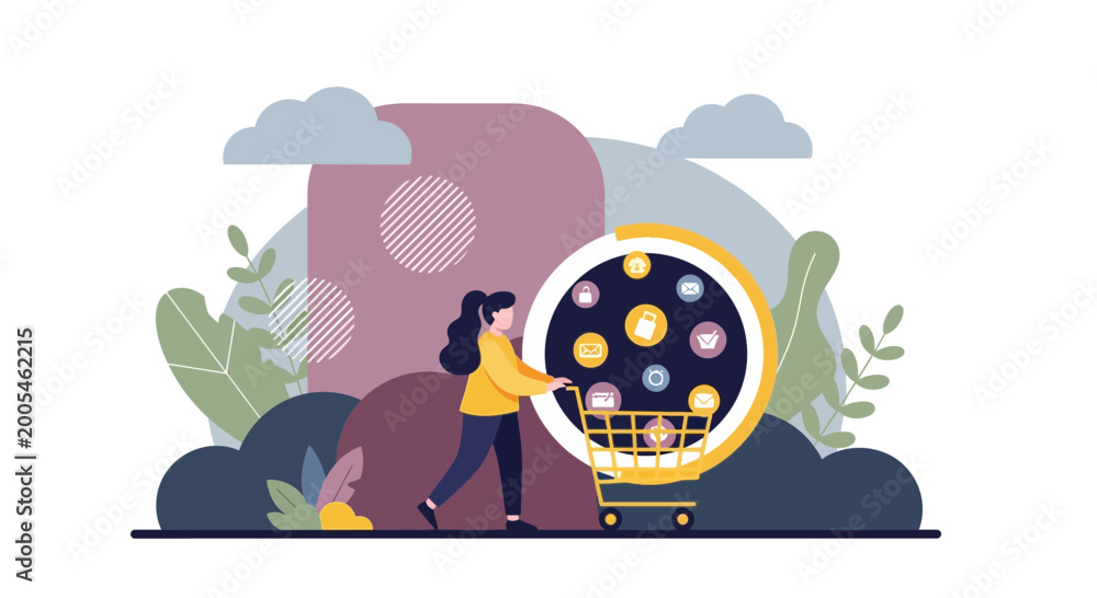 Fototapeta premium Online Shopping Experience Flat Vector Illustration of Woman with Cart