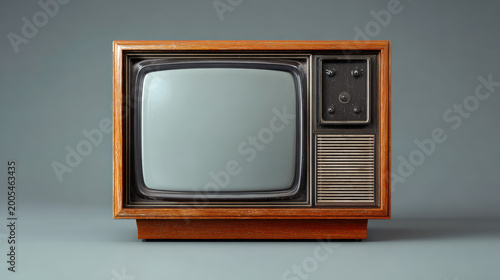 Classic cathode ray television receiver with empty gray screen on neutral background