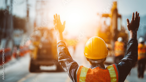 Worker guides machinery at roadwork site under sunlight, focused on hard work and safety