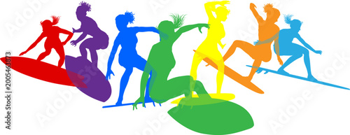 Canvas Print Surfer surfboard boarding female surfers surfing colorful silhouette outlines