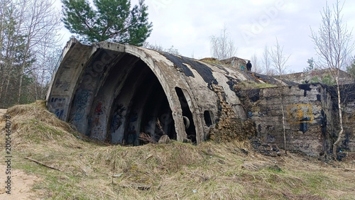 Decaying wartime bunker with graffiti, set among wild vegetation