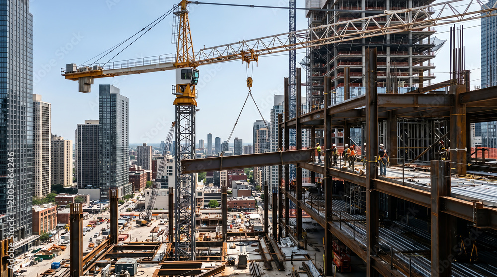 Naklejka premium Tower crane lifting steel I-beam at high-rise construction representing structural steel and high-rise construction
