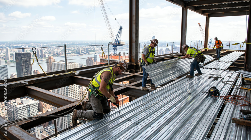 Naklejka premium Workers installing corrugated steel decking on high-rise floor representing structural deck, composite construction, and floor system