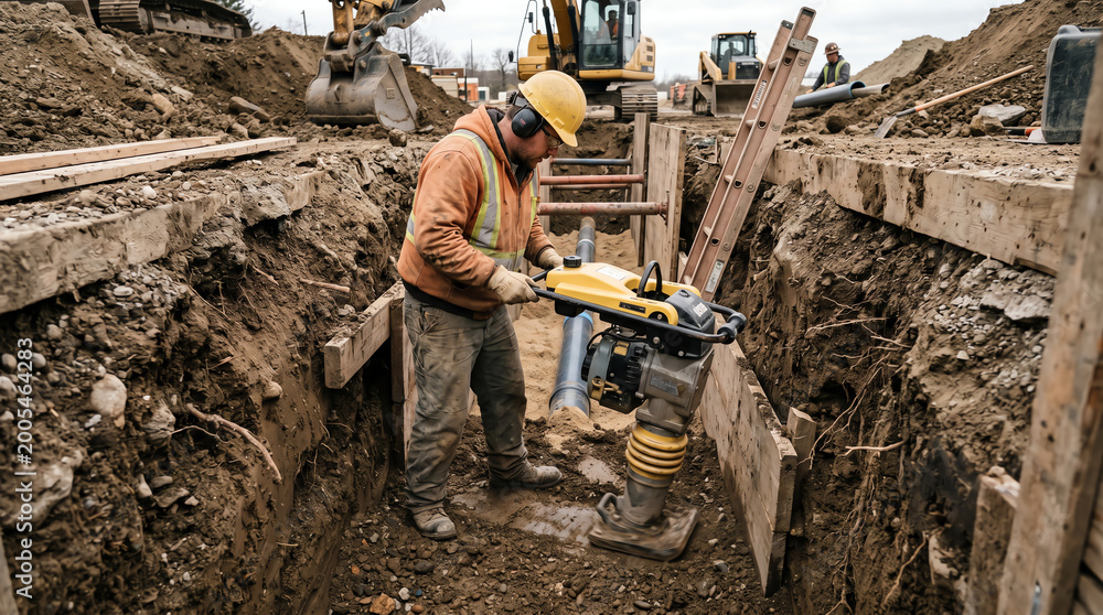 Fototapeta premium Vibratory compactor compacting backfill in trench representing site work, soil compaction, and utility installation
