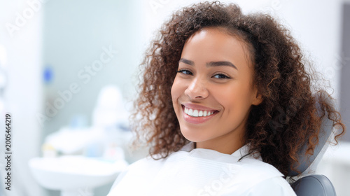 Cheerful young African woman enjoys her dental appointment in modern clinic setting