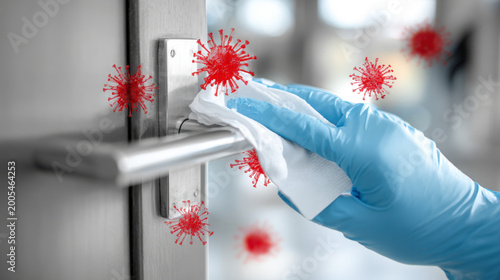 Close-up view of disinfecting a door handle with a blue glove and a white wipe indoors