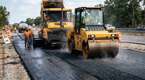 Road roller compacting fresh asphalt representing road construction, pavement compaction, and infrastructure