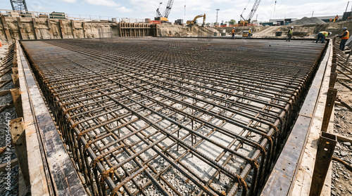 Dense steel rebar grid in foundation form before concrete pour representing reinforcement, structural engineering, and foundation work