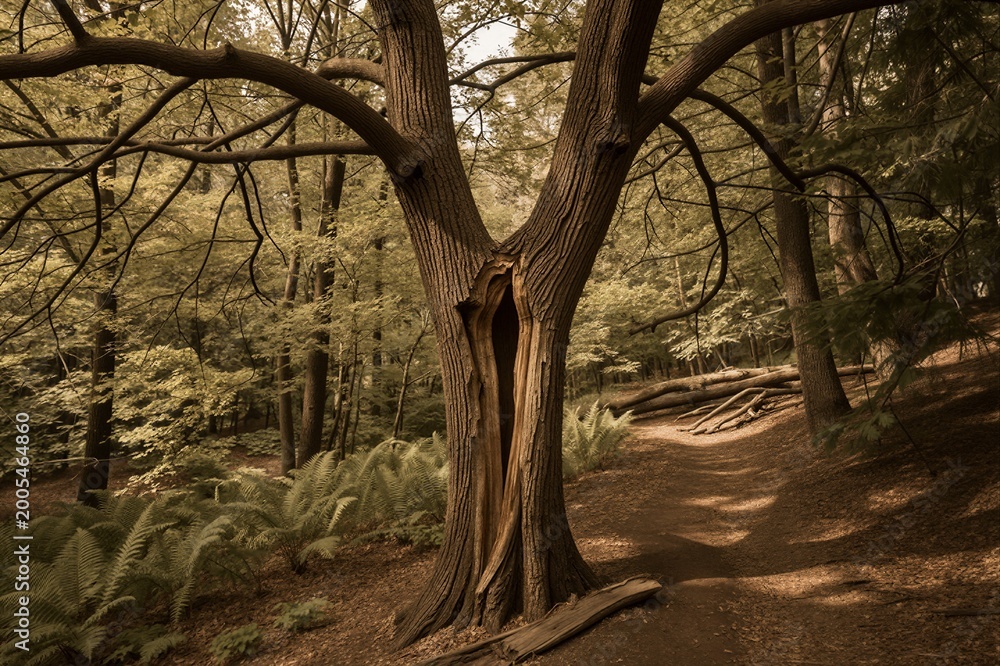 Fototapeta premium A serene forest scene features a distinctive Y-shaped tree trunk surrounded by warm earth tones and late afternoon lighting.
