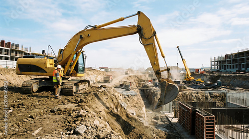Large crawler excavator with extended arm at construction site representing heavy excavation and major civil works