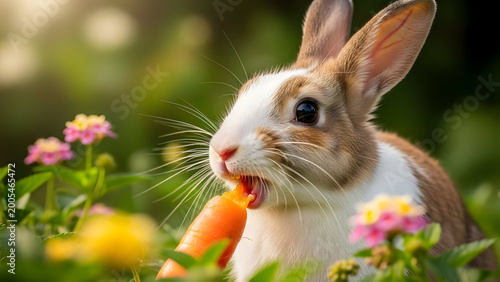 Cute brown and white rabbit eating a carrot in a garden