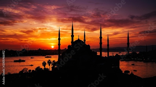Silhouette of Blue Mosque at Sunset in Istanbul Turkey with Bosphorus River View for Travel Tourism and Cultural Heritage Projects