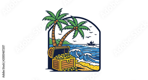Bild auf Leinwand Tropical Island Treasure Chest with Gold Coins, Palm Trees and Ocean Waves