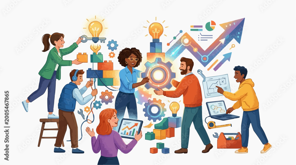 Fototapeta premium A collaborative business team builds innovative solutions, visualized with gears, light bulbs, and an upward-trending graph, emphasizing creativity and strategic development in a modern graphic style.