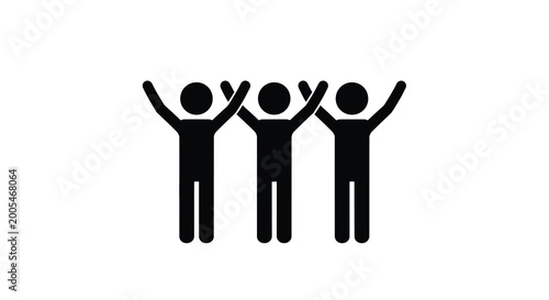 stick figure silhouettes of three people with arms raised in celebration black and white high quality professional detailed modern elegant stylish