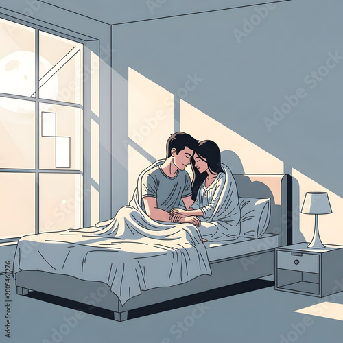 Couple sitting on bed in a modern bedroom