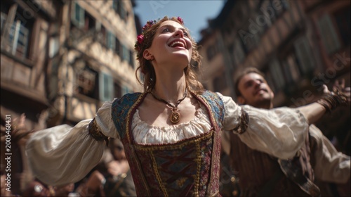 Europe medieval lifestyle. A vibrant, candid photograph captures a moment of joy and celebration. A woman in the foreground wears a colorful, patterned dress with a white blouse and a floral crown.