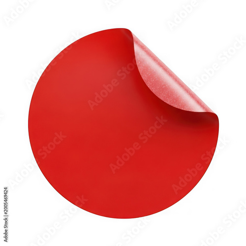 Vibrant red circular sticker with peeled corner revealing adhesive