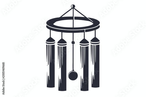 Bild auf Leinwand Hanging Bell Wind Chime Icon, Black and White Silhouette for Garden Art and Feng