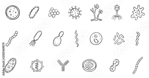 Microbiology hand-drawn doodle set. Isolated outline icons of bacteria, viruses, cells, and petri dish. Scientific lab research elements for medical education and biology design projects.
