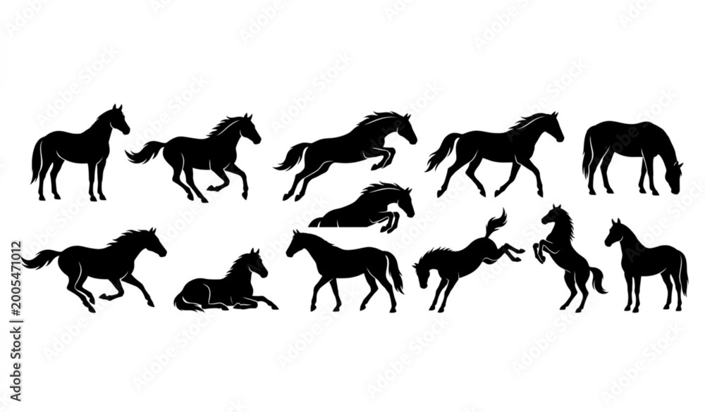 Fototapeta premium Horse silhouette collection modern vector galloping jumping standing resting poses design set