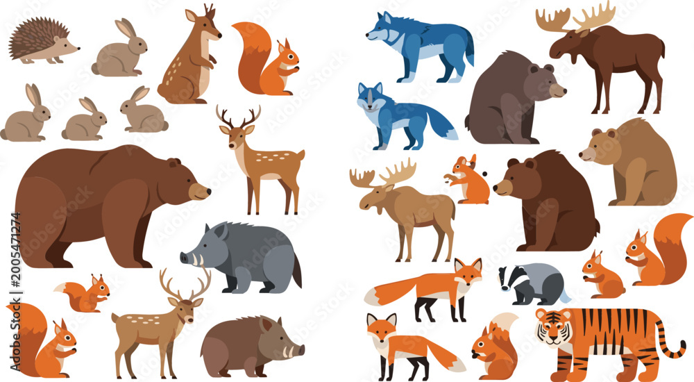 Fototapeta premium Forest wild animals vector set with bear fox deer wolf moose boar and squirrel, woodland wildlife collection for nature illustration and educational design