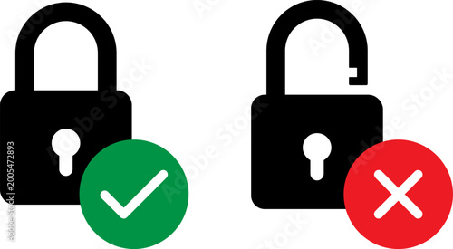 Locked and unlocked padlock icons with check mark and cross symbol