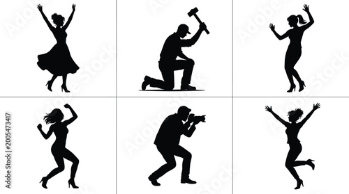 Foto Silhouette collection of people in various activities, woman dancing, man working with hammer, photographer taking photo, girl jumping for joy, vector