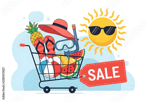 Summer Sale Shopping Cart with Beach Gear and Sun